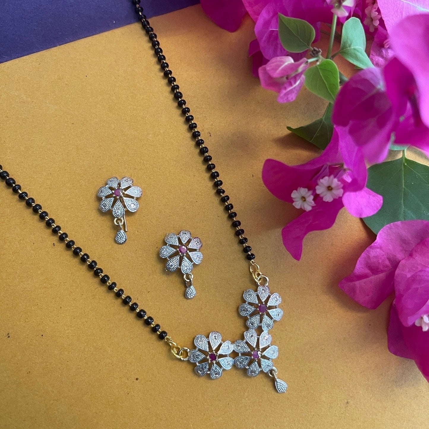 Fancy Short American Diamond Mangalsutra Set With Earrings Flower Pendant Black Beads Chain