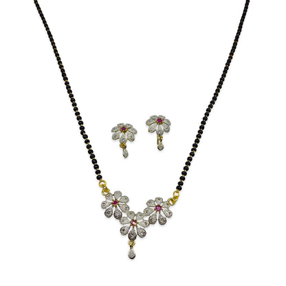 Fancy Short American Diamond Mangalsutra Set With Earrings Flower Pendant Black Beads Chain