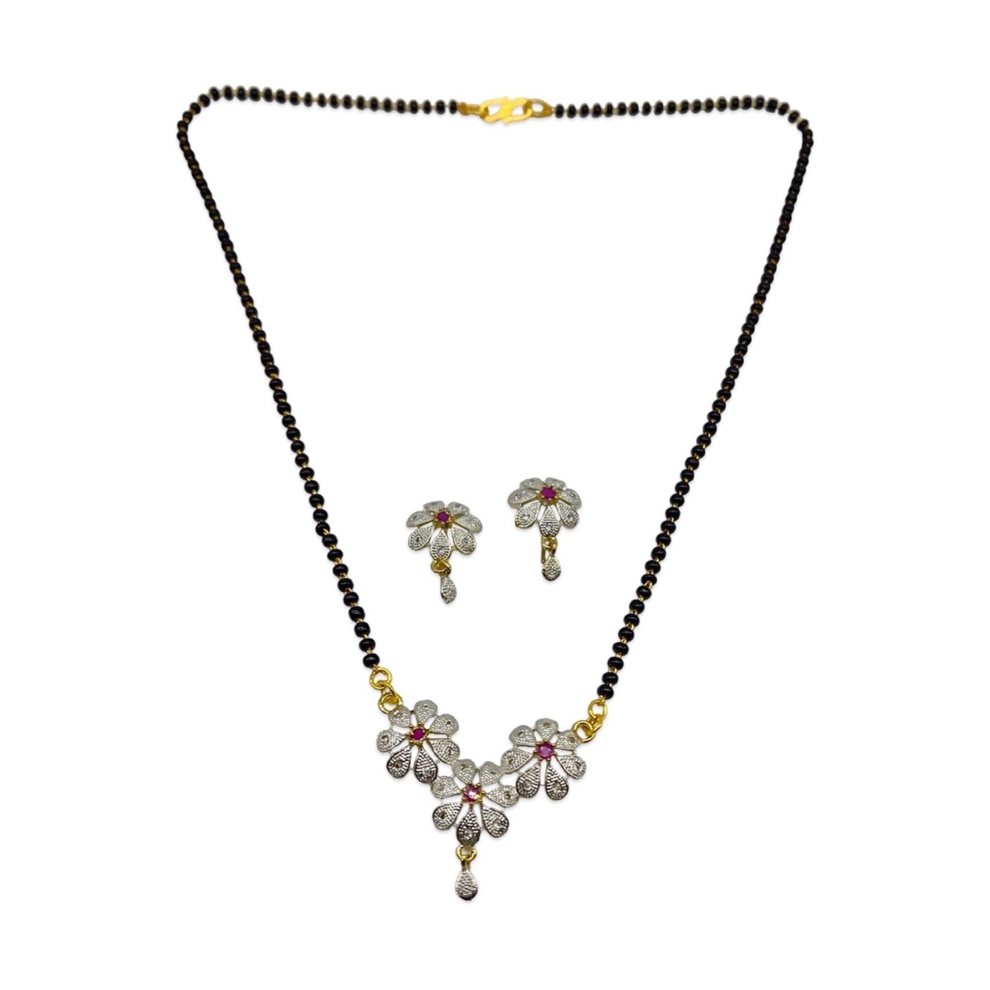 Fancy Short American Diamond Mangalsutra Set With Earrings Flower Pendant Black Beads Chain