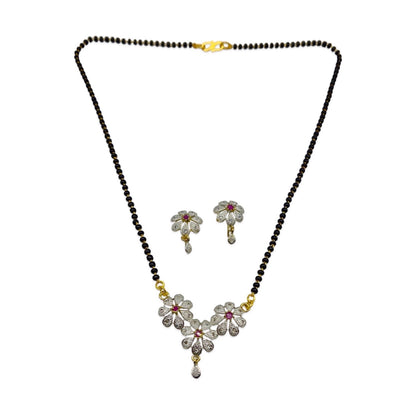 Fancy Short American Diamond Mangalsutra Set With Earrings Flower Pendant Black Beads Chain