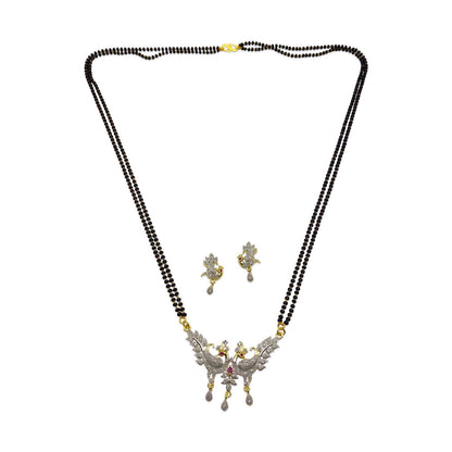 American Diamond Peacock Pendant Long Mangalsutra Set With Earrings 2 Line Black Beads Chain