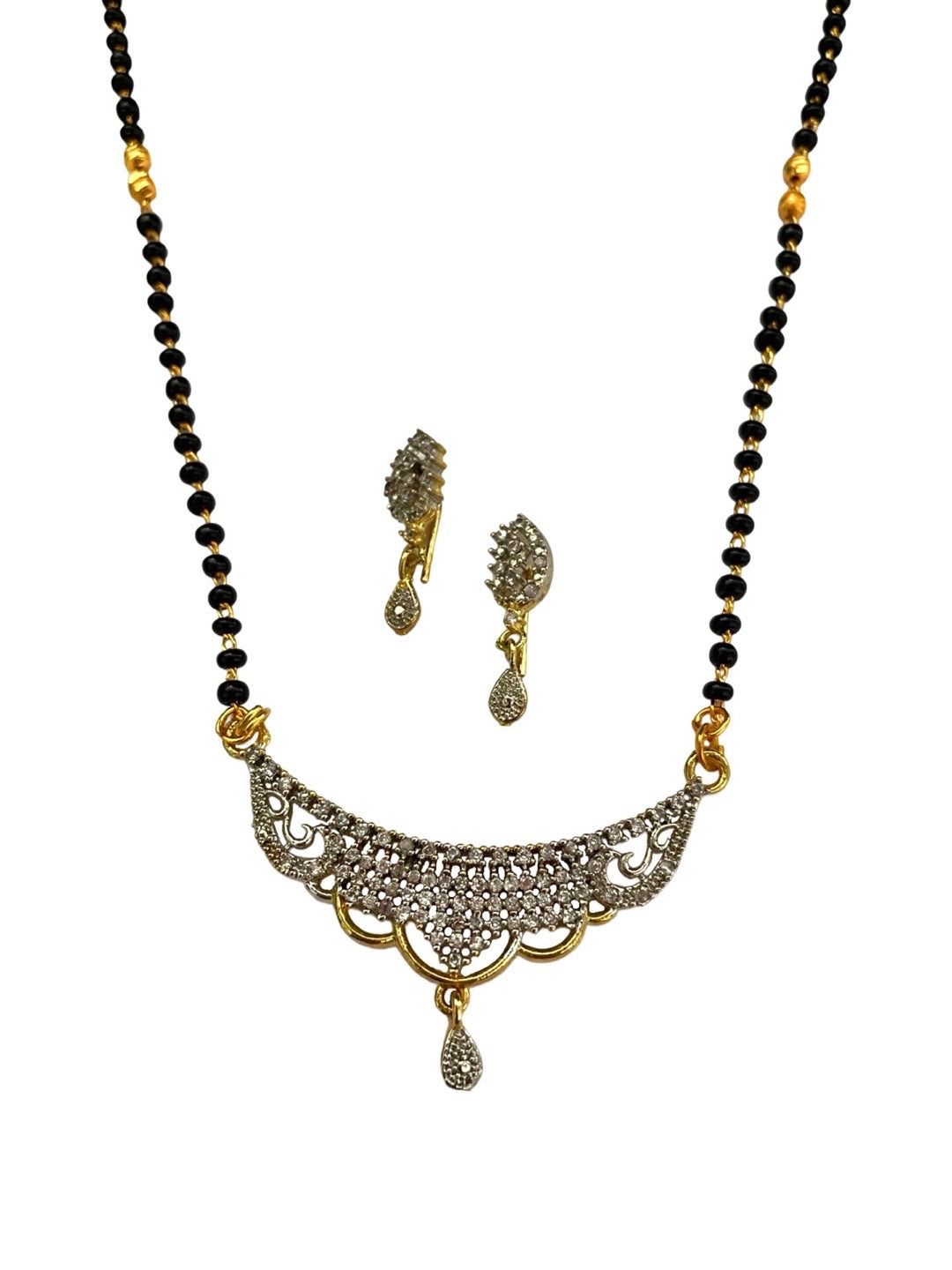 Gold Plated Long Mangalsutra With Earring Set  AD Pendant Design