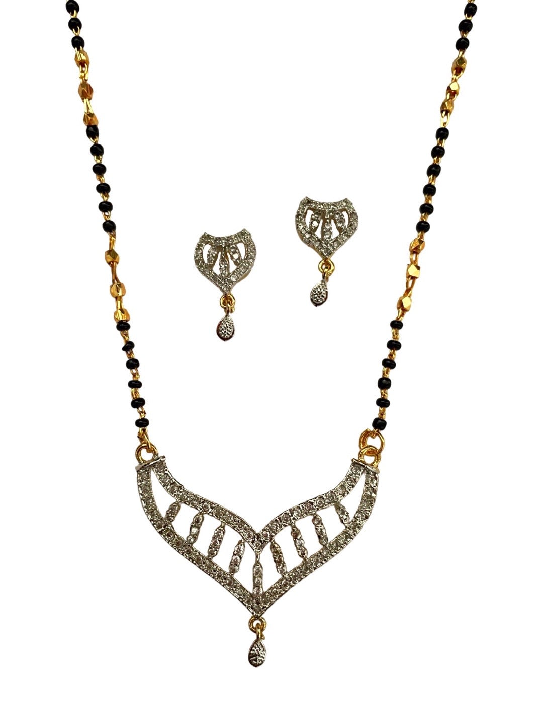 Gold Plated Short Mangalsutra With Earring Set AD Pendant Design