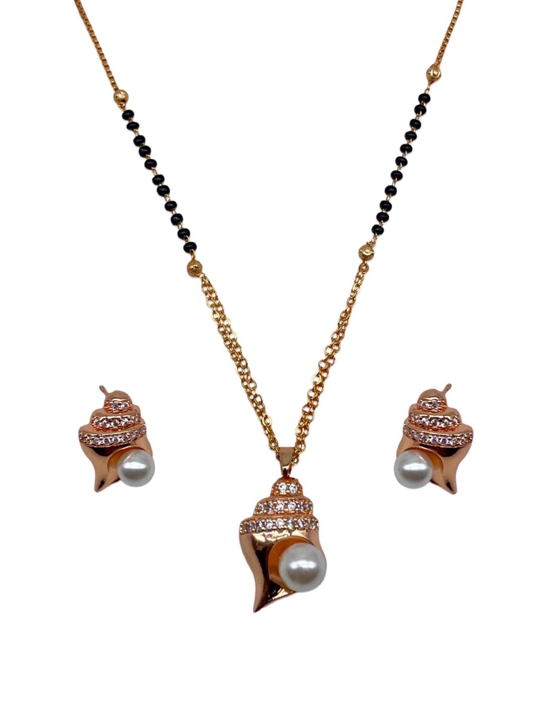 American Diamond Rose Gold Mangalsutra Earrings Set Sea-Shell & Pearl Pendant