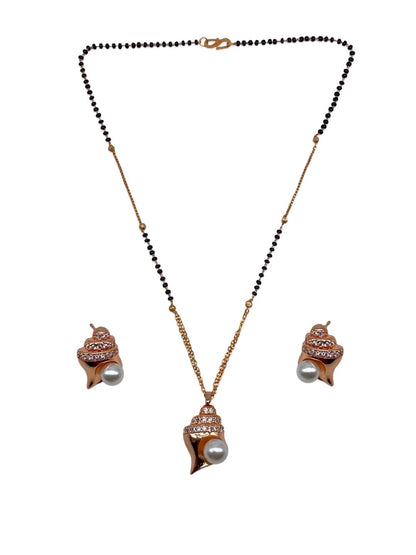 American Diamond Rose Gold Mangalsutra Earrings Set Sea-Shell & Pearl Pendant
