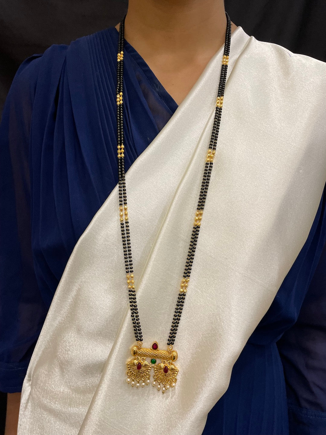 Long Mangalsutra with Earrings Set Peacock/Flower With Pearl Pendant