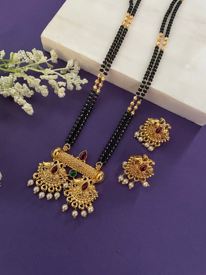 Long Mangalsutra with Earrings Set Peacock/Flower With Pearl Pendant