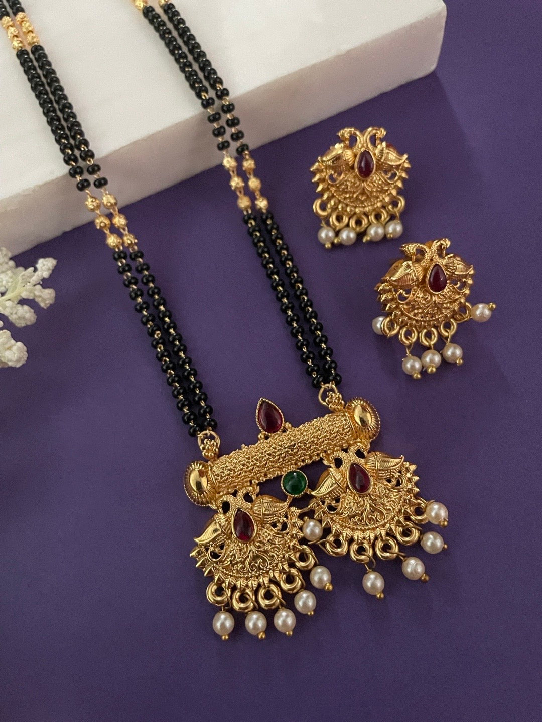 Long Mangalsutra with Earrings Set Peacock/Flower With Pearl Pendant