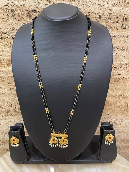 Long Mangalsutra with Earrings Set Peacock/Flower With Pearl Pendant