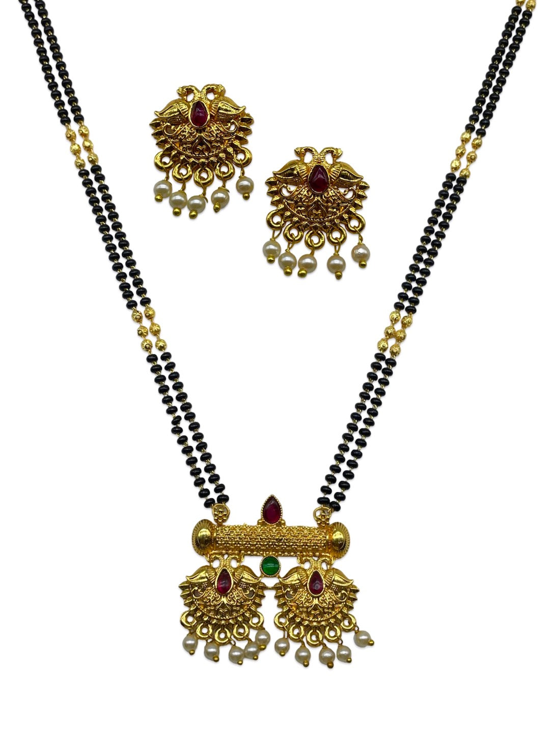 Long Mangalsutra with Earrings Set Peacock/Flower With Pearl Pendant