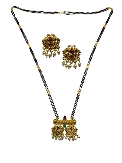 Long Mangalsutra with Earrings Set Peacock/Flower With Pearl Pendant