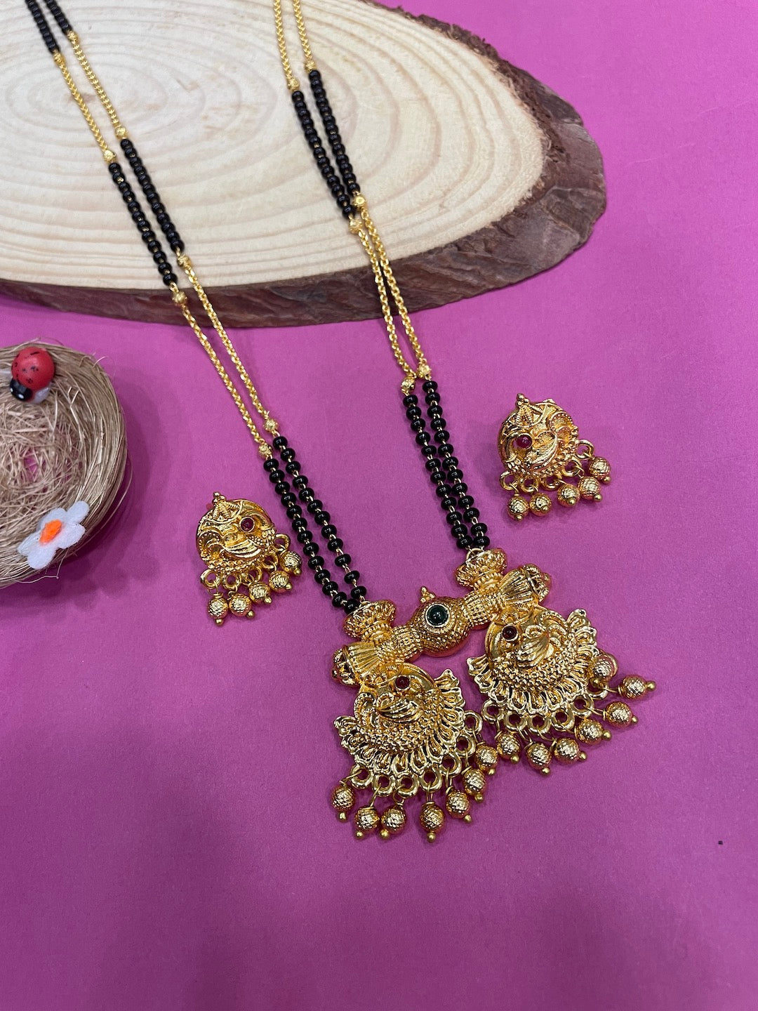 Long Mangalsutra with Earrings Set Peacock/Flower Pendant