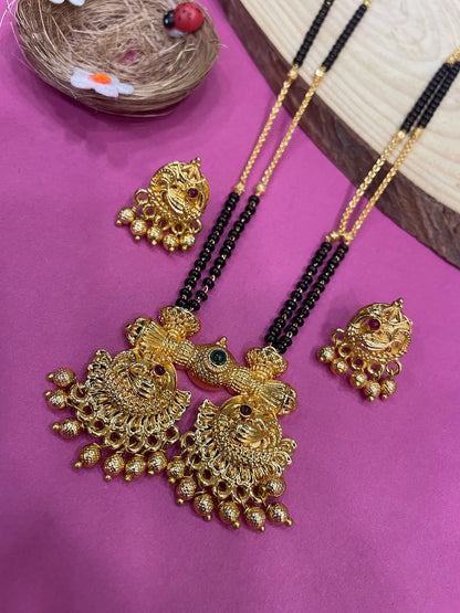 Long Mangalsutra with Earrings Set Peacock/Flower Pendant