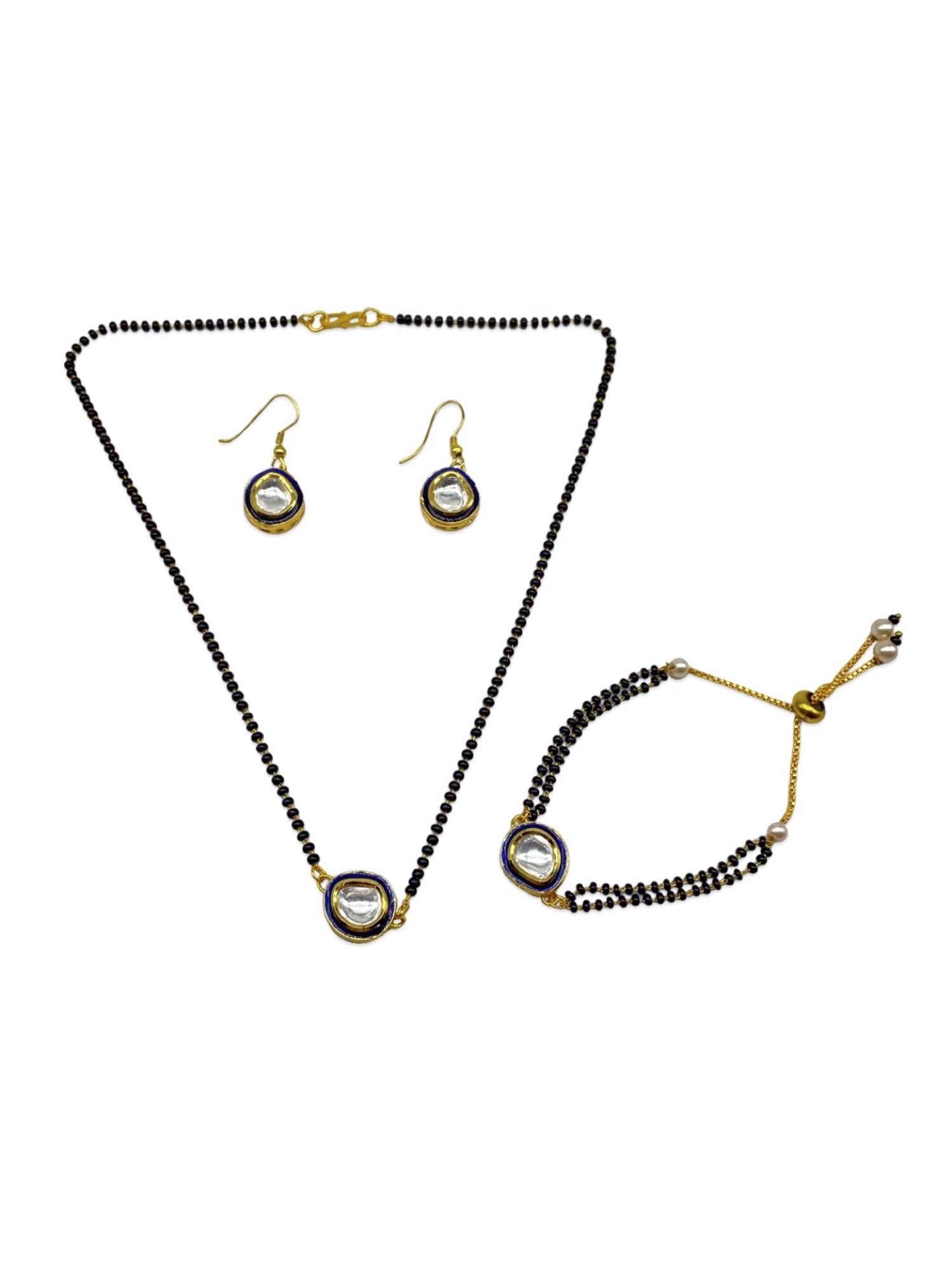 Kundan Pendant Oval Shape Short Mangalsutra with Earrings & Bracelet