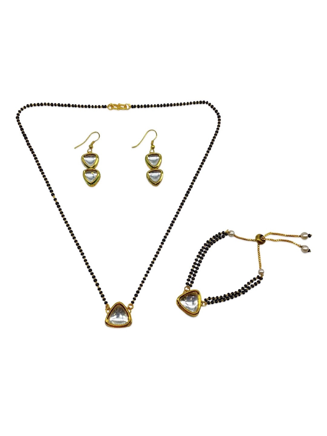 Kundan Triangle Shape Pendant Short Mangalsutra with Earrings & Bracelet 