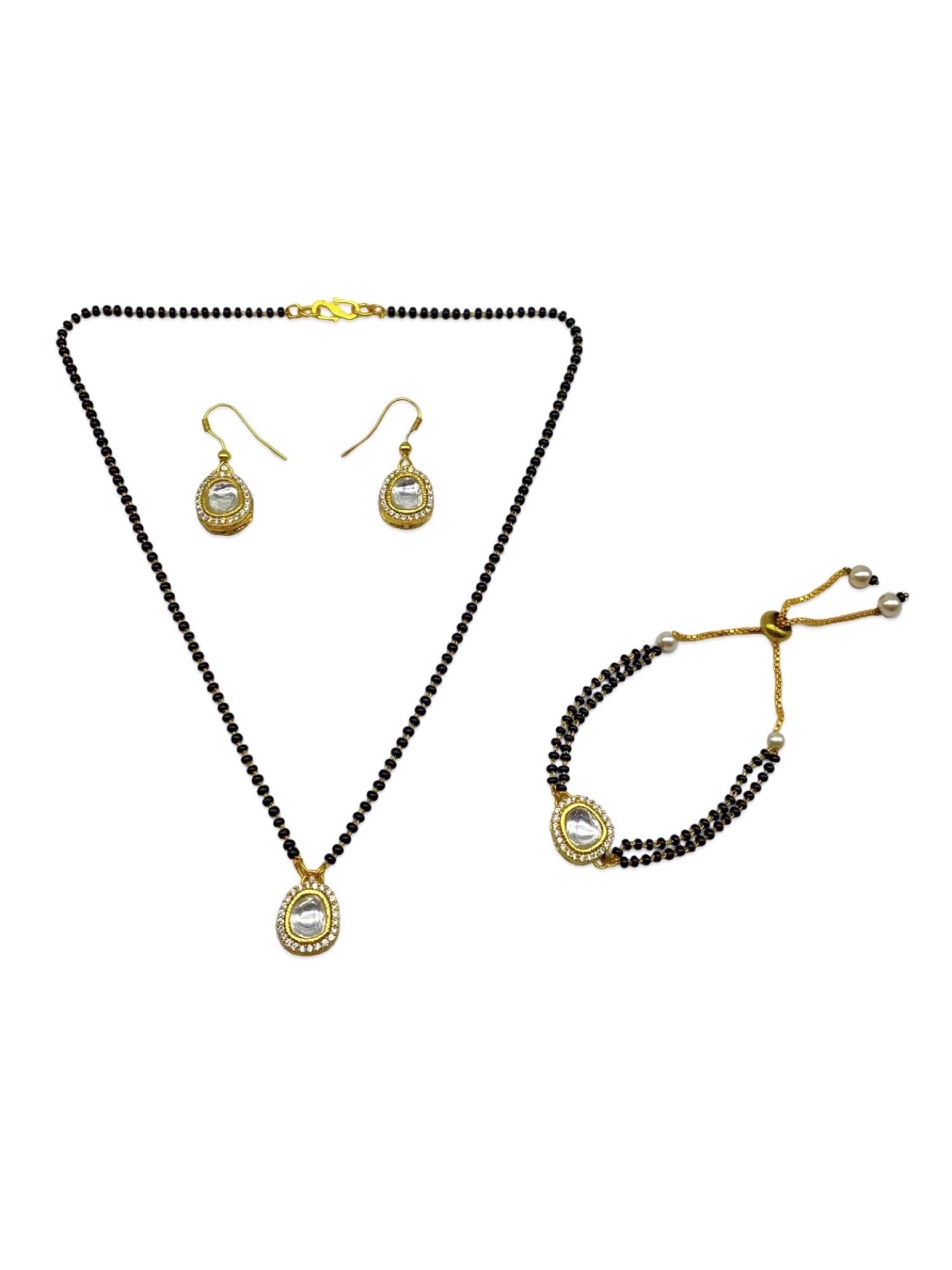 Kundan & AD Oval Shape Pendant Short Mangalsutra with Earrings & Bracelet