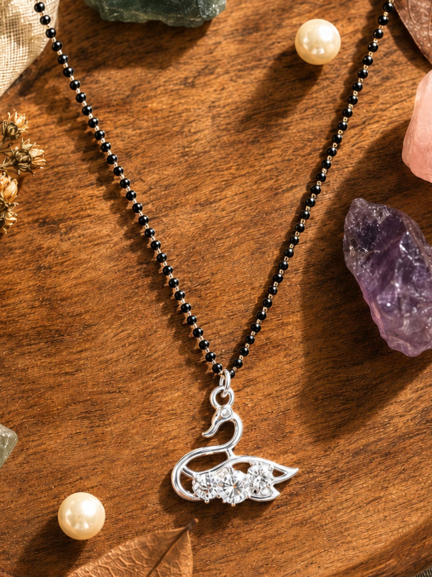 Long Mangalsutra Design with Swan AD Stone Pendant