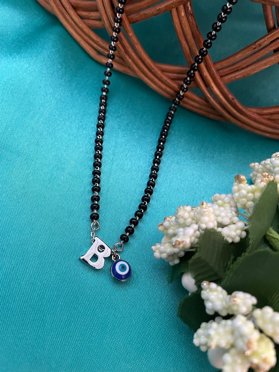 A To Z Letter Alphabet With Blue Evil Eye Charm Pendant Short Silver Name Mangalsutra(20Inches)