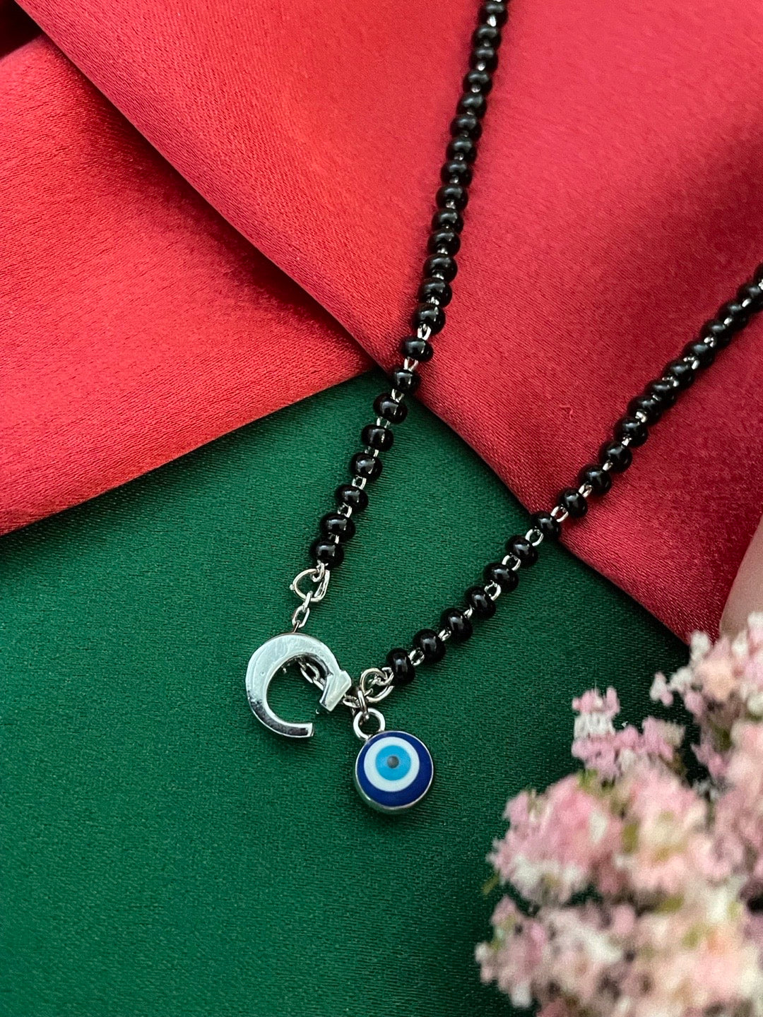 A To Z Letter Alphabet With Blue Evil Eye Charm Pendant Short Silver Name Mangalsutra(20Inches)