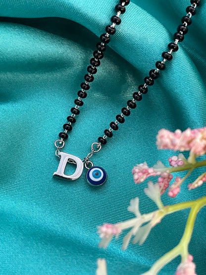 A To Z Letter Alphabet With Blue Evil Eye Charm Pendant Short Silver Name Mangalsutra(20Inches)