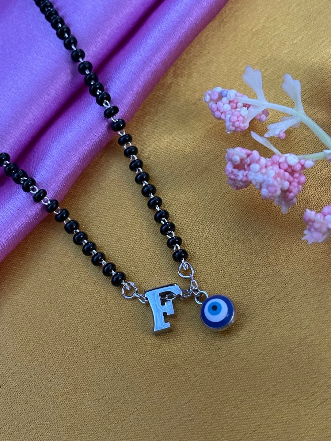 A To Z Letter Alphabet With Blue Evil Eye Charm Pendant Short Silver Name Mangalsutra(20Inches)