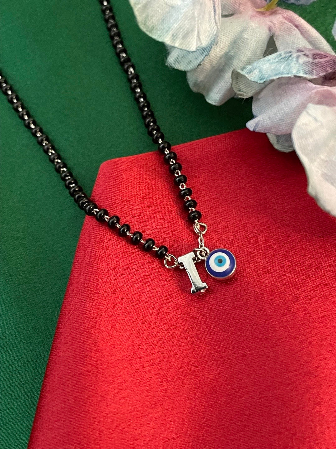 A To Z Letter Alphabet With Blue Evil Eye Charm Pendant Short Silver Name Mangalsutra(20Inches)