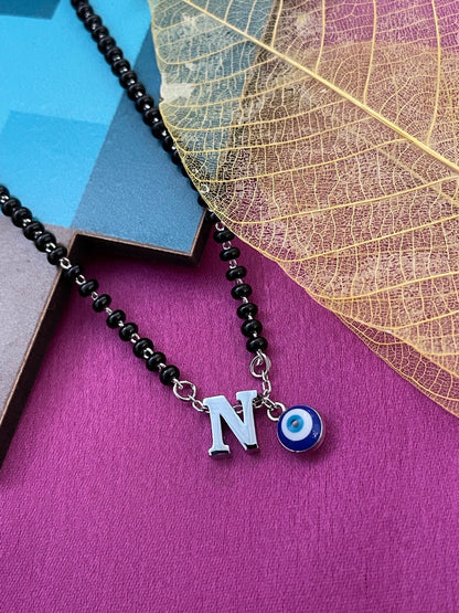 A To Z Letter Alphabet With Blue Evil Eye Charm Pendant Short Silver Name Mangalsutra(20Inches)