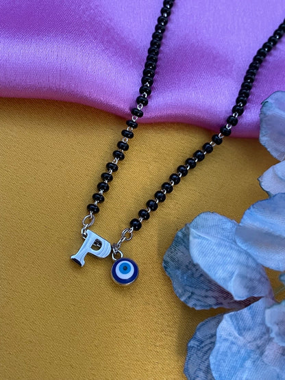 A To Z Letter Alphabet With Blue Evil Eye Charm Pendant Short Silver Name Mangalsutra(20Inches)