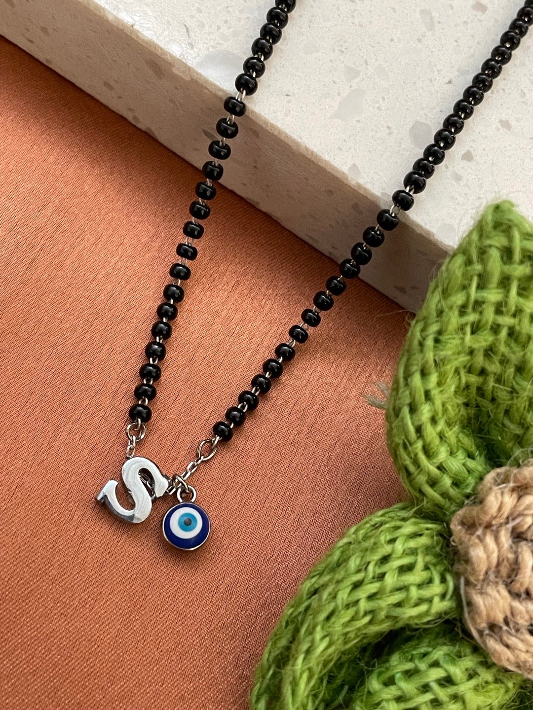 A To Z Letter Alphabet With Blue Evil Eye Charm Pendant Short Silver Name Mangalsutra(20Inches)