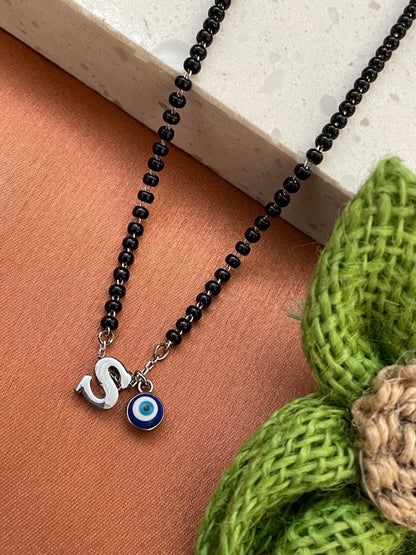 A To Z Letter Alphabet With Blue Evil Eye Charm Pendant Short Silver Name Mangalsutra(20Inches)