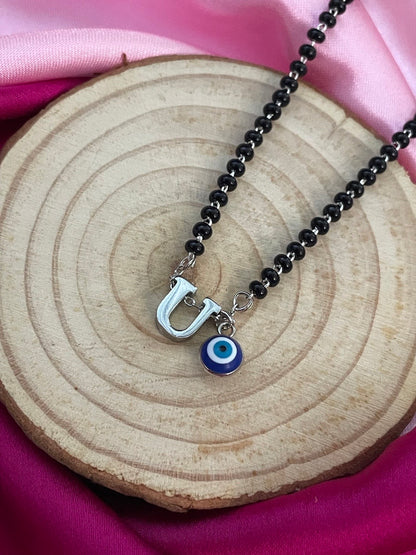 A To Z Letter Alphabet With Blue Evil Eye Charm Pendant Short Silver Name Mangalsutra(20Inches)