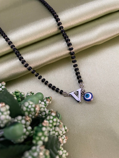 A To Z Letter Alphabet With Blue Evil Eye Charm Pendant Short Silver Name Mangalsutra(20Inches)