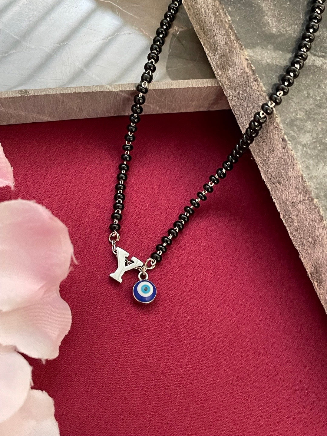 A To Z Letter Alphabet With Blue Evil Eye Charm Pendant Short Silver Name Mangalsutra(20Inches)