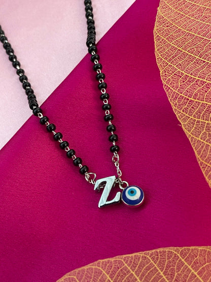 A To Z Letter Alphabet With Blue Evil Eye Charm Pendant Short Silver Name Mangalsutra(20Inches)