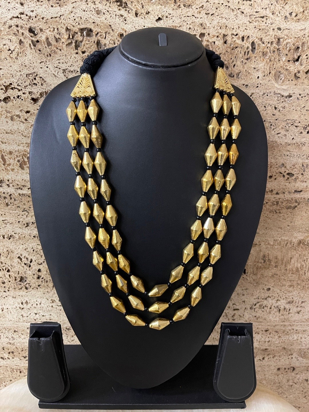 Gold Oxidized Tribal Necklace Three Line with Black Beads Chain for Women