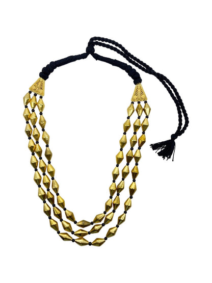 Gold Oxidized Tribal Necklace Three Line with Black Beads Chain for Women