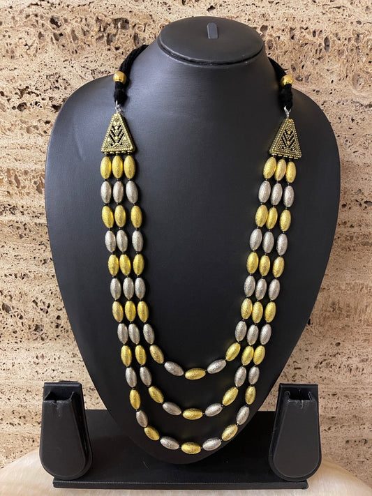 Gold/Silver Oxidized Tribal Necklace Three Line with Black Beads Western Adjustable Chain for Women