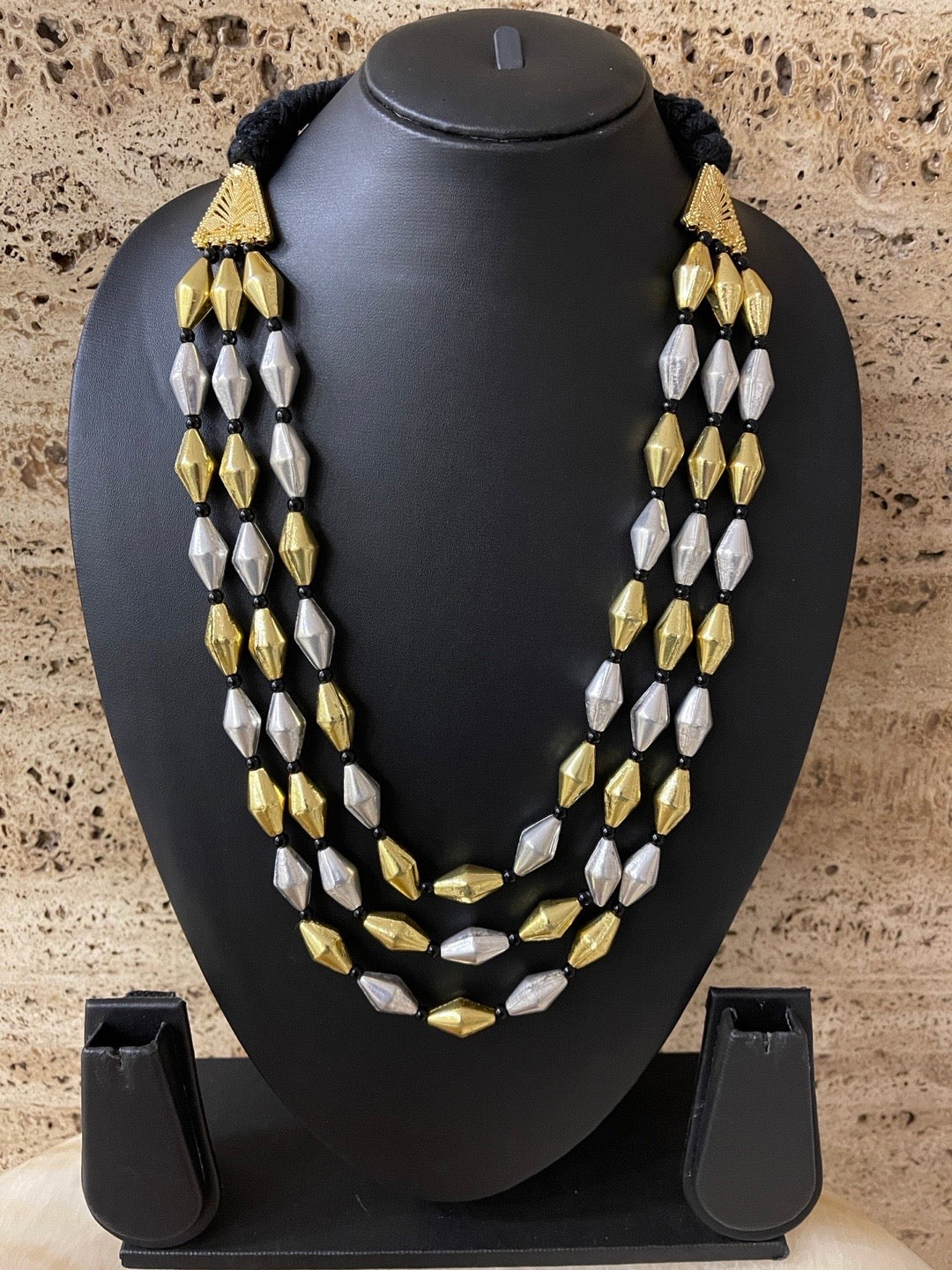 Gold/Silver Oxidized Tribal Necklace Three Line with Black Bead Chain for Women