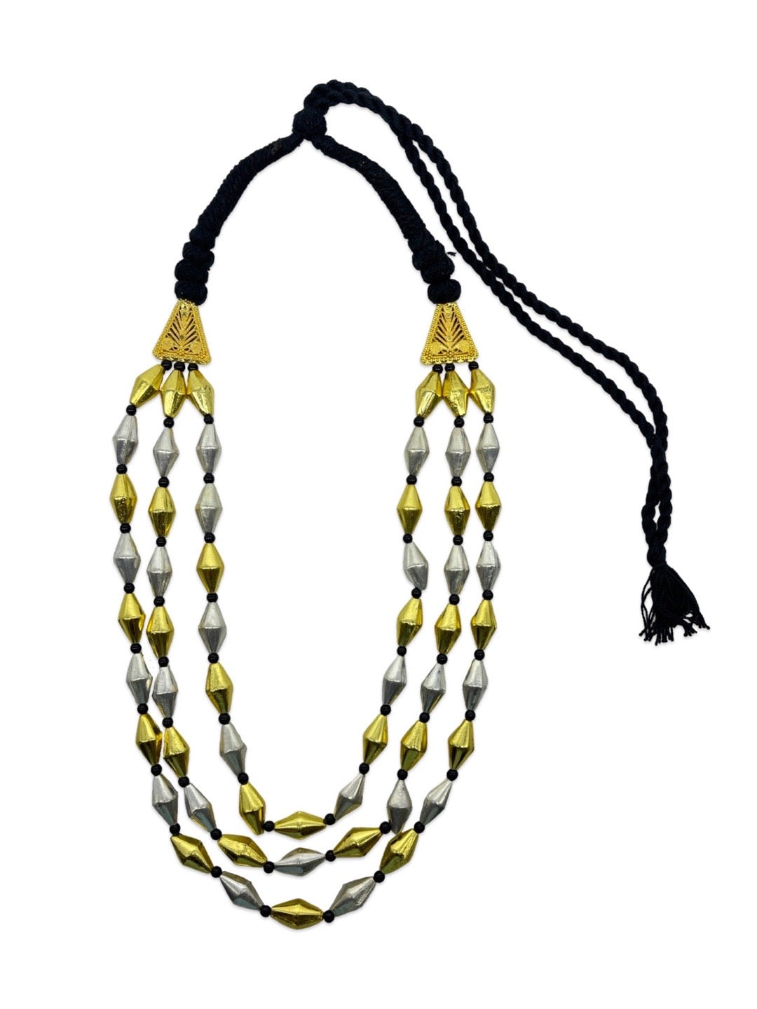 Gold/Silver Oxidized Tribal Necklace Three Line with Black Bead Chain for Women