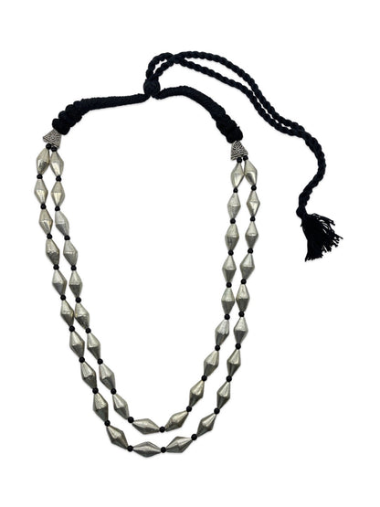 Silver Oxidized Tribal Necklace Two Line with Black Beads Chain for Women