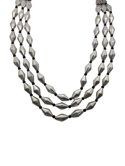 Silver Oxidized Tribal Necklace Three Line with Black Beads Chain for Women