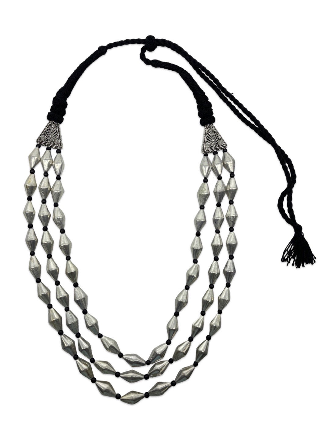 Silver Oxidized Tribal Necklace Three Line with Black Beads Chain for Women