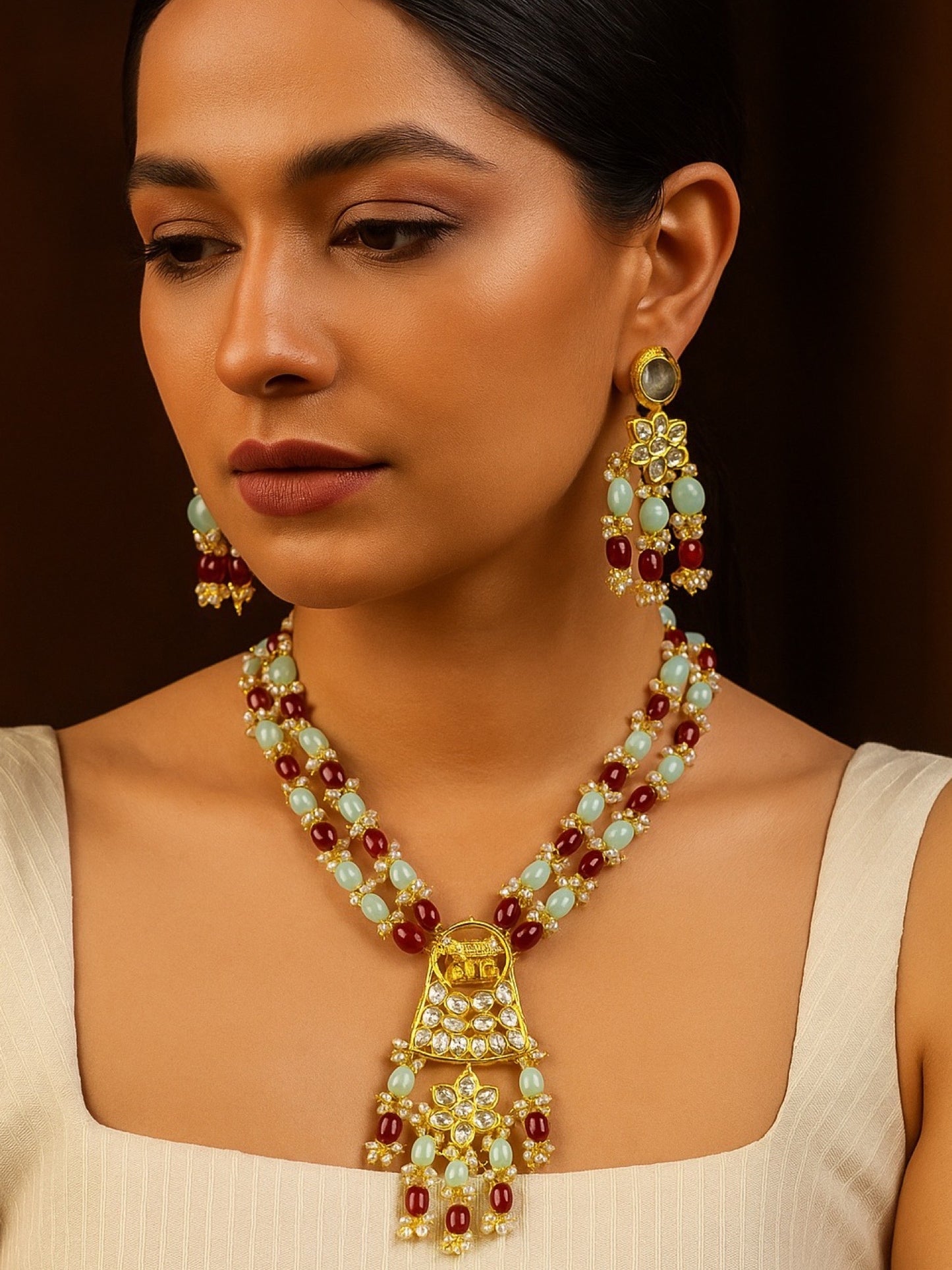 Elephant Pendant Aqua Blue/Maroon Beads & Pearl Mala Necklace Set