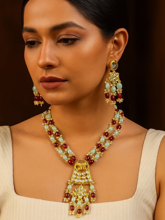 Elephant Pendant Aqua Blue/Maroon Beads & Pearl Mala Necklace Set