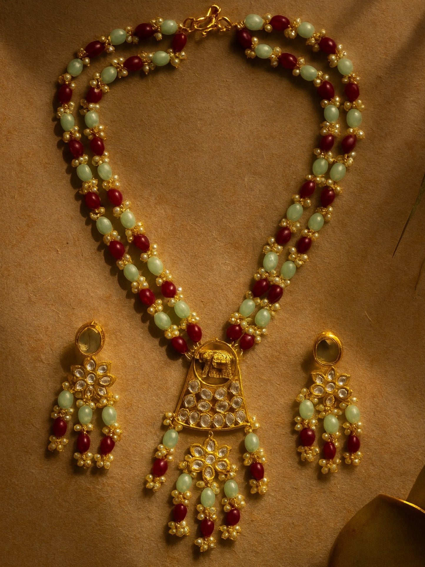 Elephant Pendant Aqua Blue/Maroon Beads & Pearl Mala Necklace Set