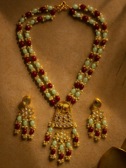 Elephant Pendant Aqua Blue/Maroon Beads & Pearl Mala Necklace Set