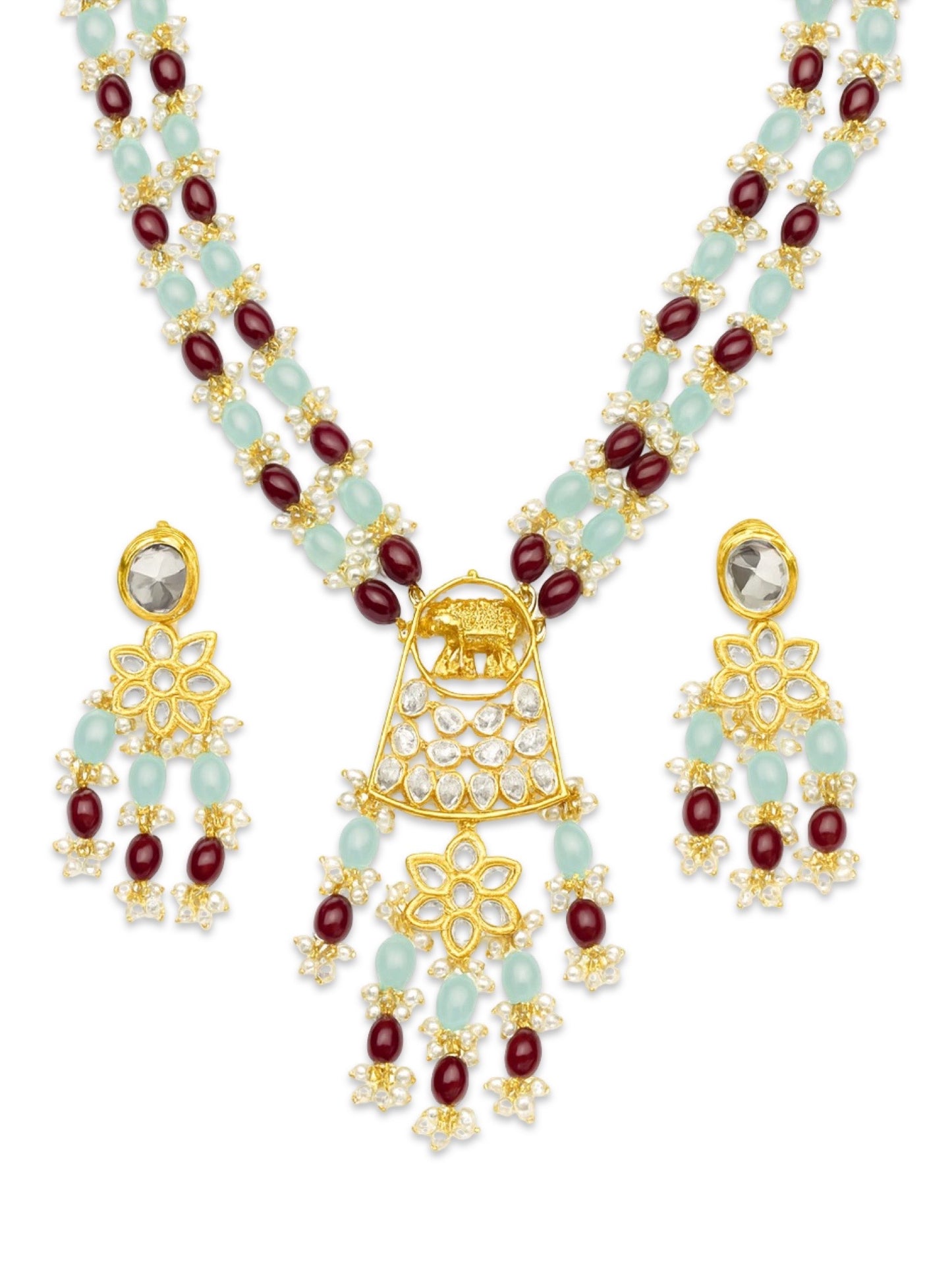 Elephant Pendant Aqua Blue/Maroon Beads & Pearl Mala Necklace Set