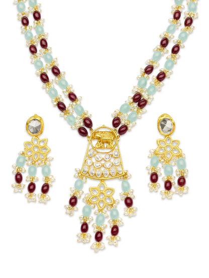Elephant Pendant Aqua Blue/Maroon Beads & Pearl Mala Necklace Set