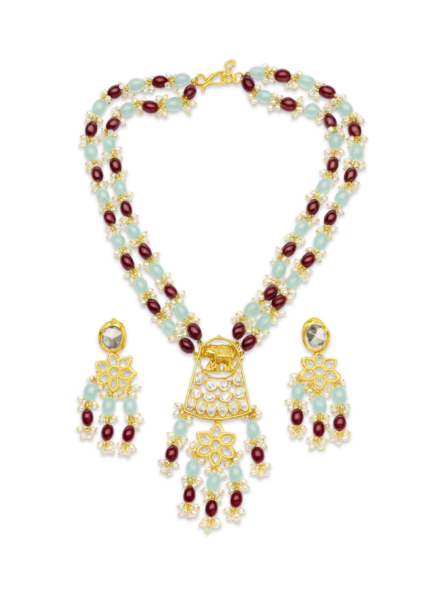 Elephant Pendant Aqua Blue/Maroon Beads & Pearl Mala Necklace Set