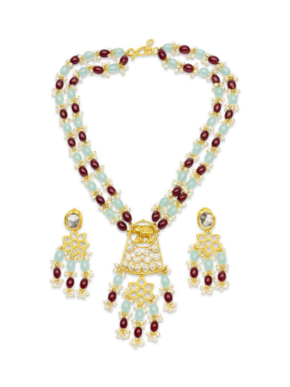 Elephant Pendant Aqua Blue/Maroon Beads & Pearl Mala Necklace Set